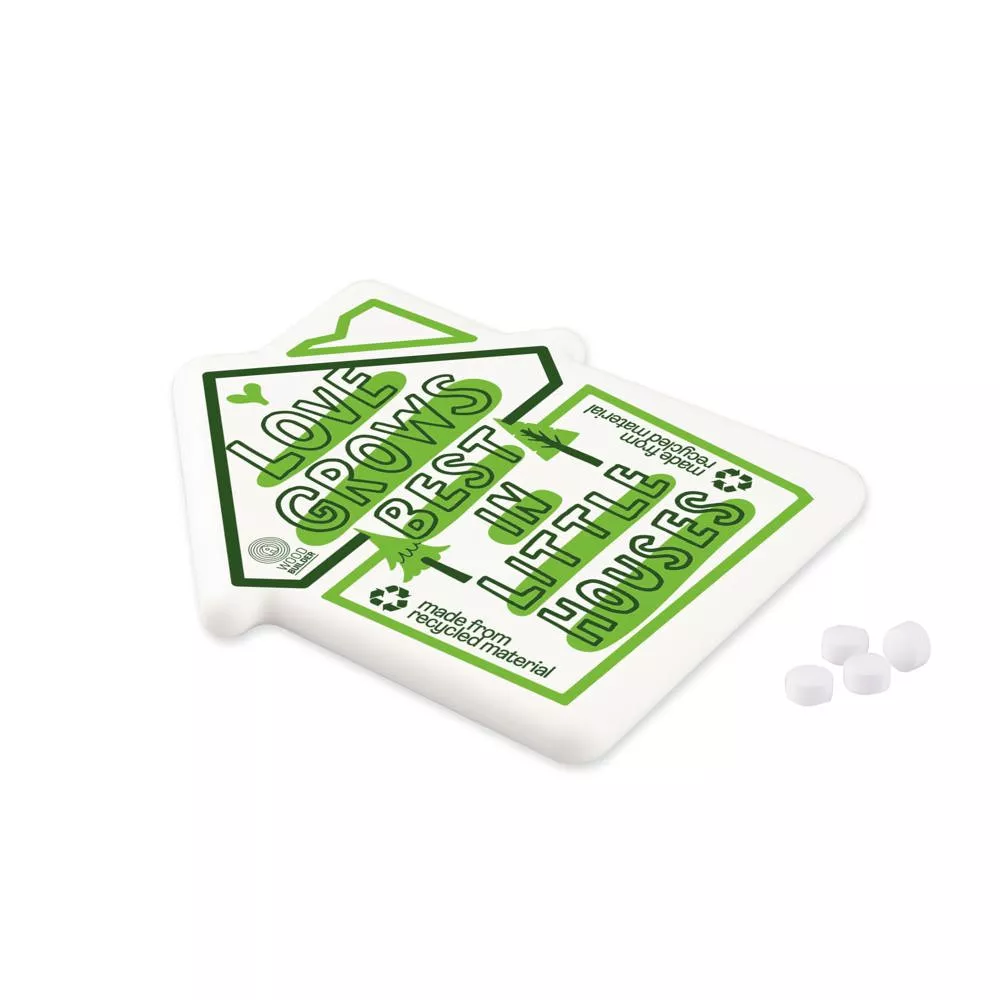 Gerecycled mint dispenser in de vorm van een huisje