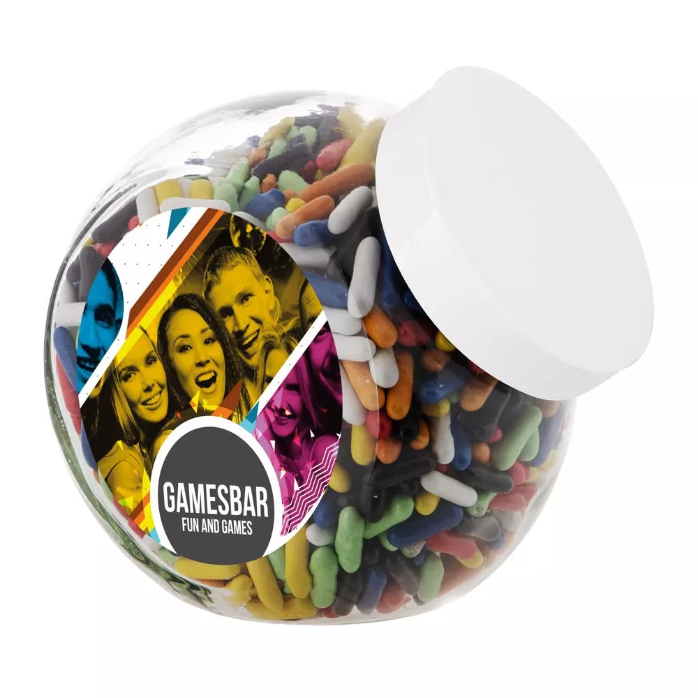 Glazen pot 2 liter, gevuld met snoep