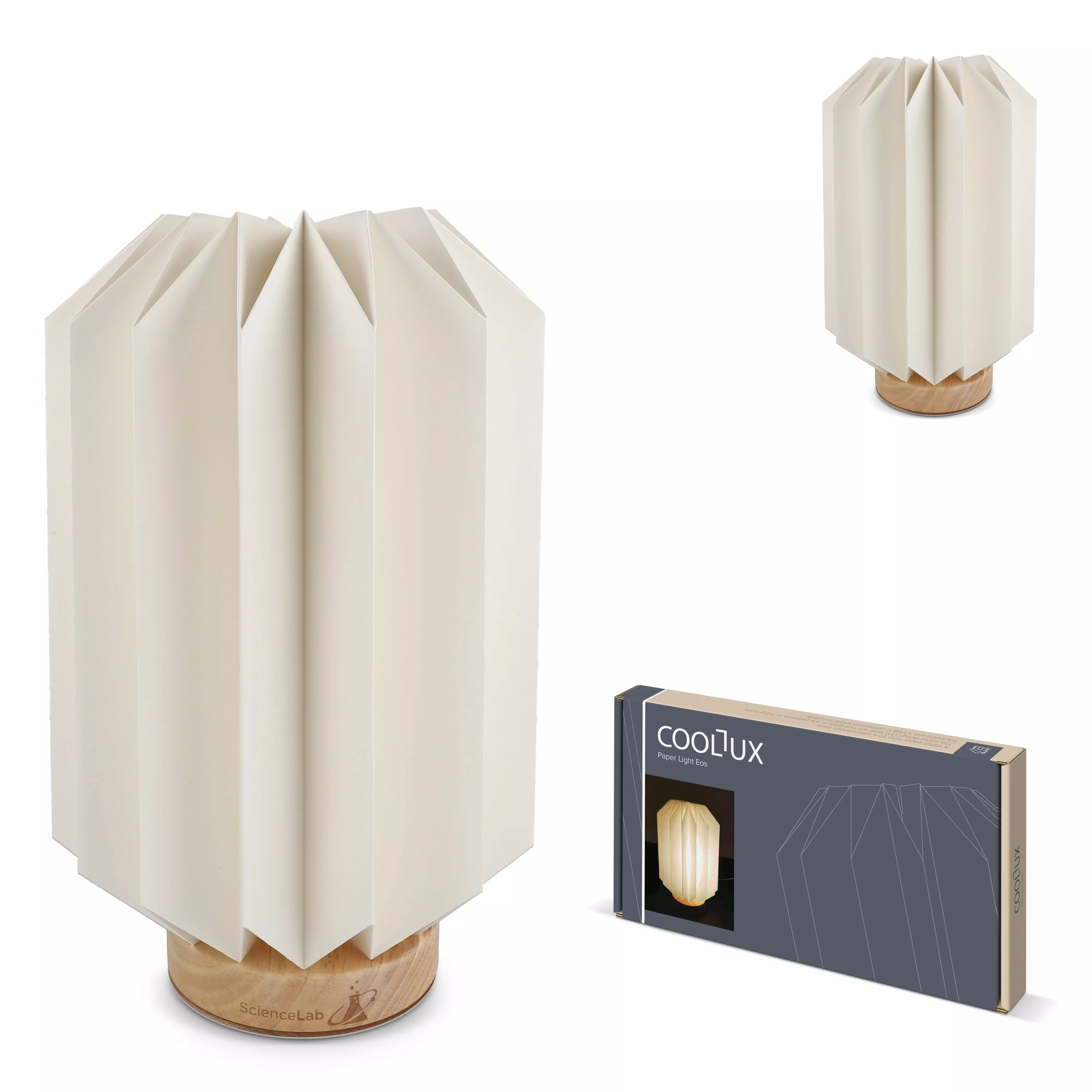 Coollux vouwbare papieren LED lamp Eos op houten voet, 25 cm  (brievenbus doos)