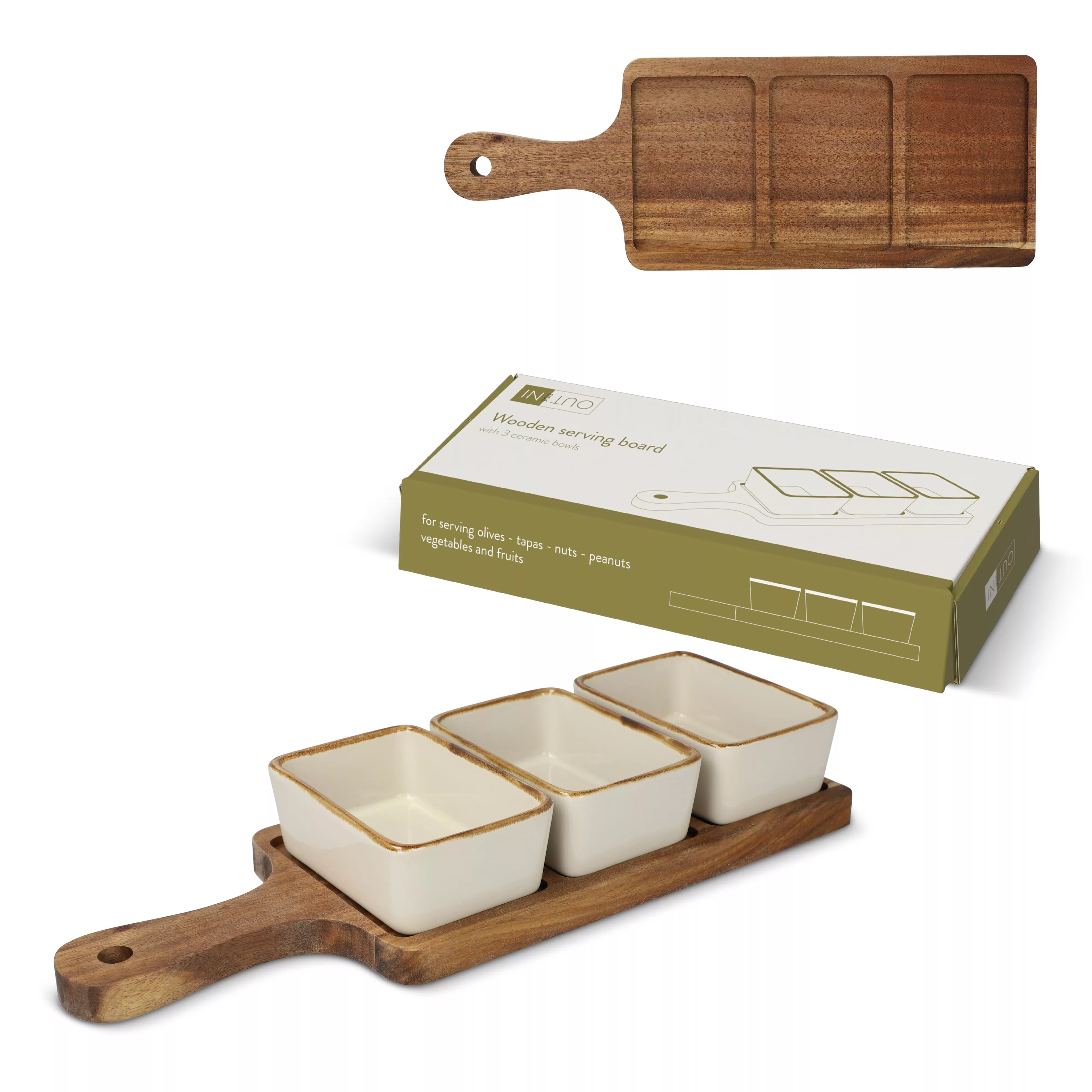 InSideOut houten serveerplank met 3 keramische schaaltjes