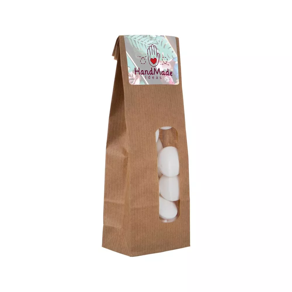 Kraft zakje met venster gevuld met snoep