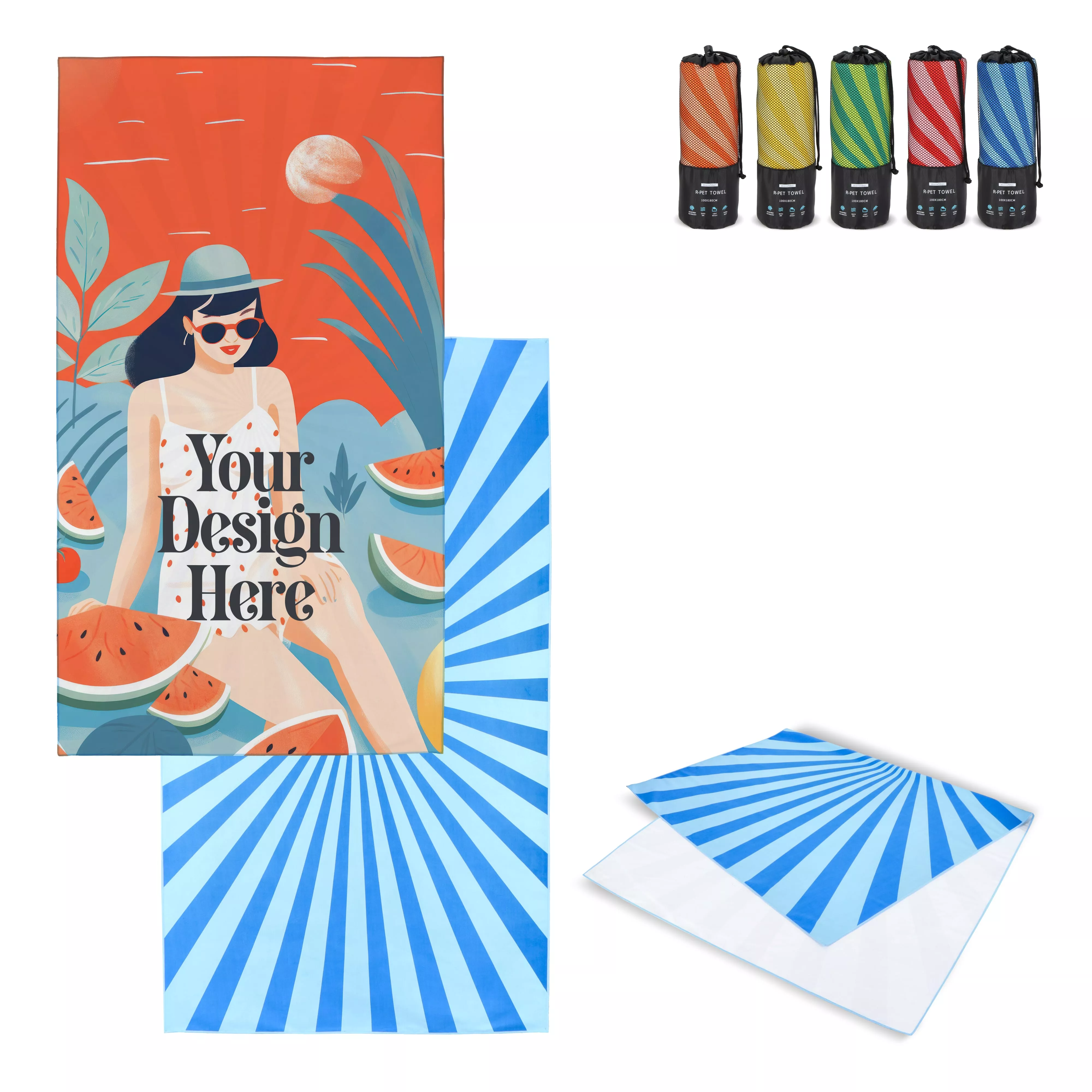 R-PET sneldrogende strandlaken 100x180cm met opbergzak (200g/m²) sublimatie