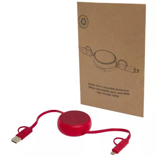 Alasia 5-in-1 100 cm intrekbare datasynchronisatie- en 45 W snellaadkabel van gerecycled plastic en aluminium
