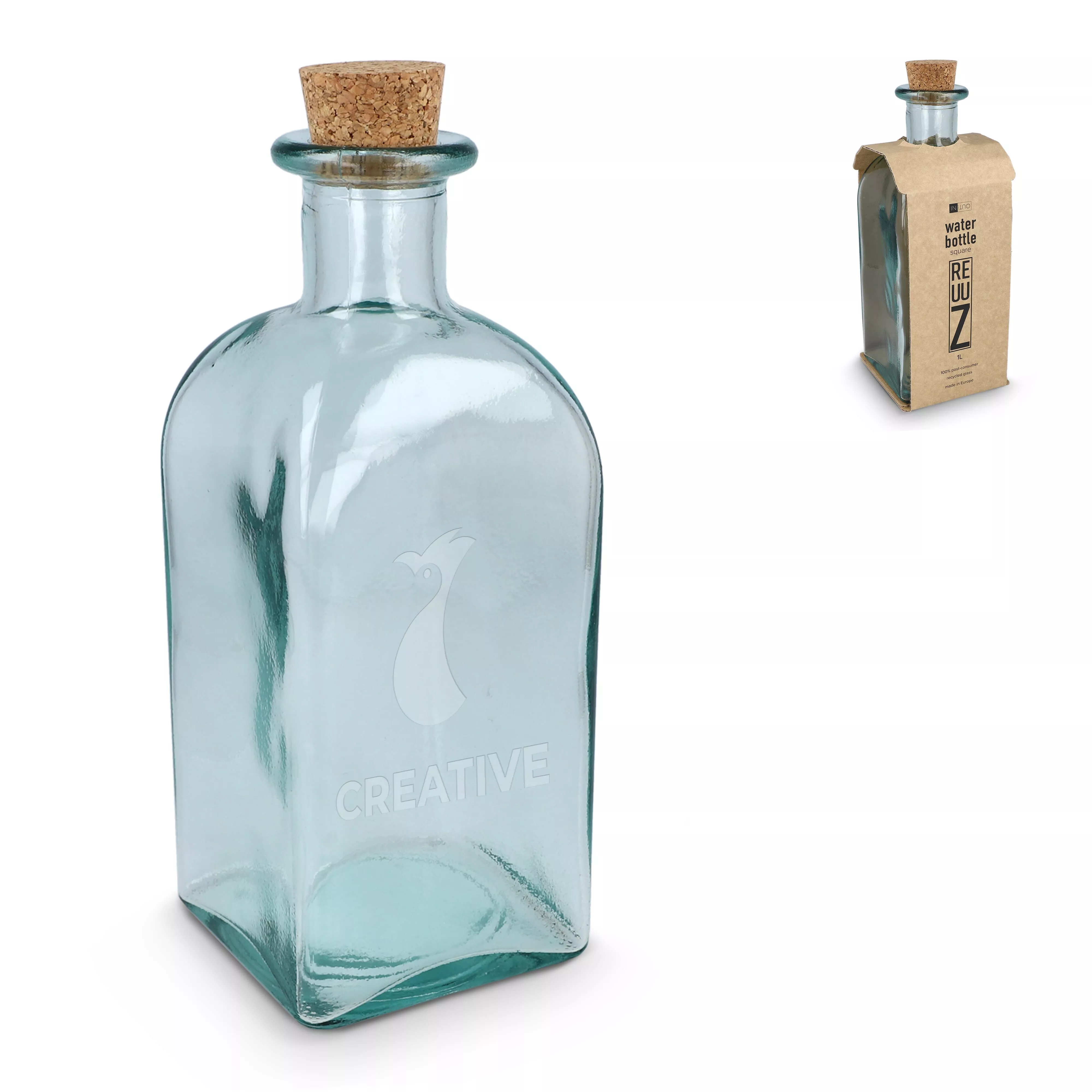 InSideOut Vierkante Gerecycled glas Waterfles ReuuZ met kurkstop 1L