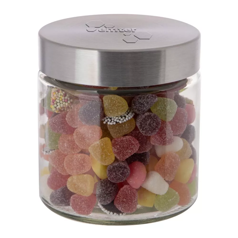 Glazen pot 0,9 liter met embossing, gevuld met snoep