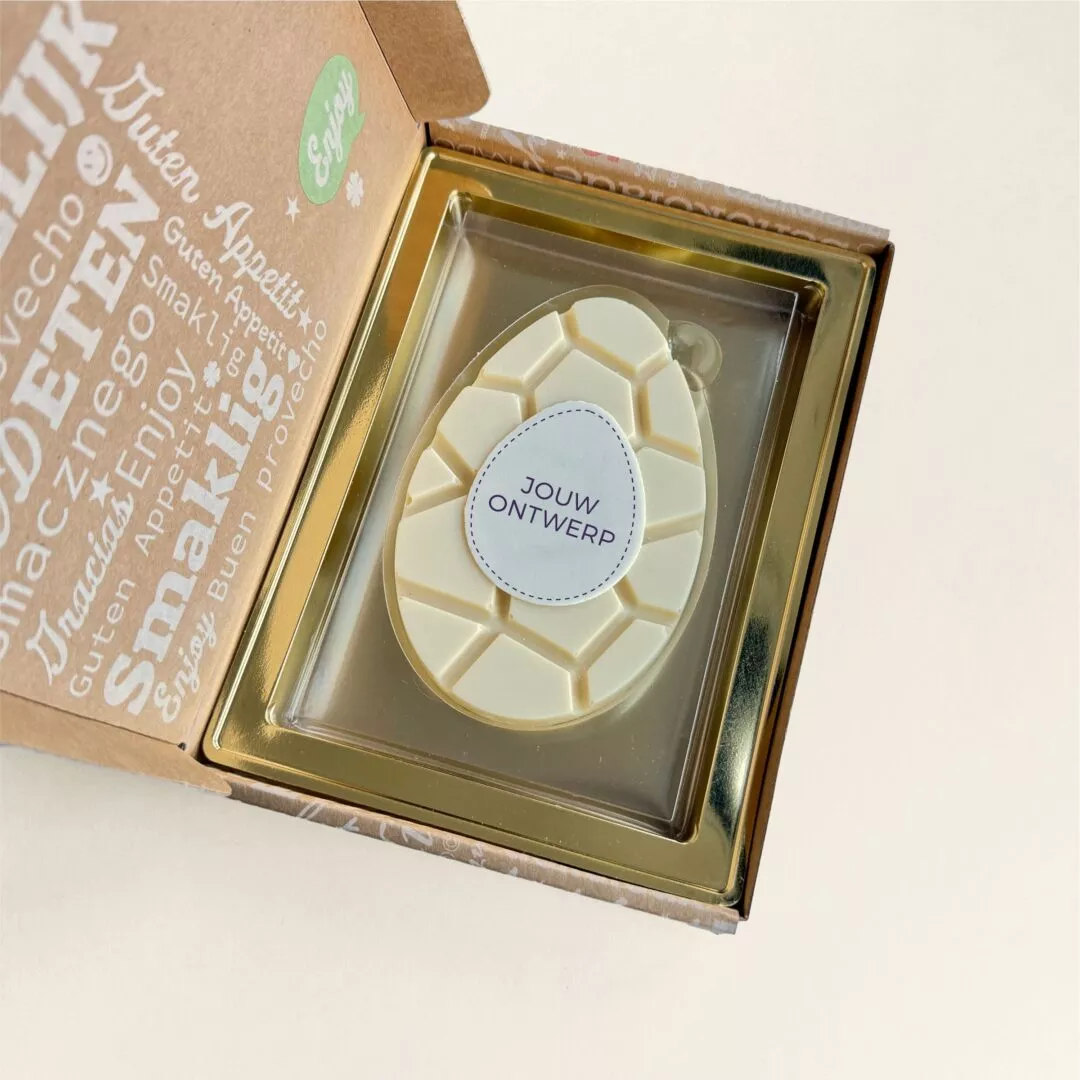 Chocolade Paasei bedrukken | Wit | Luxe verzenddoos