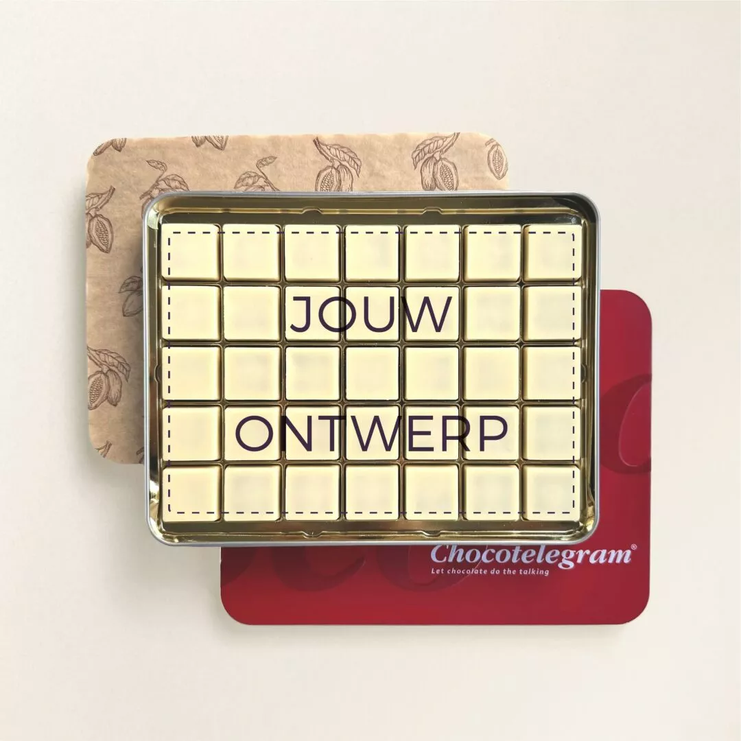 Chocolade Wenskaart 35 blokjes in luxe geschenkblik