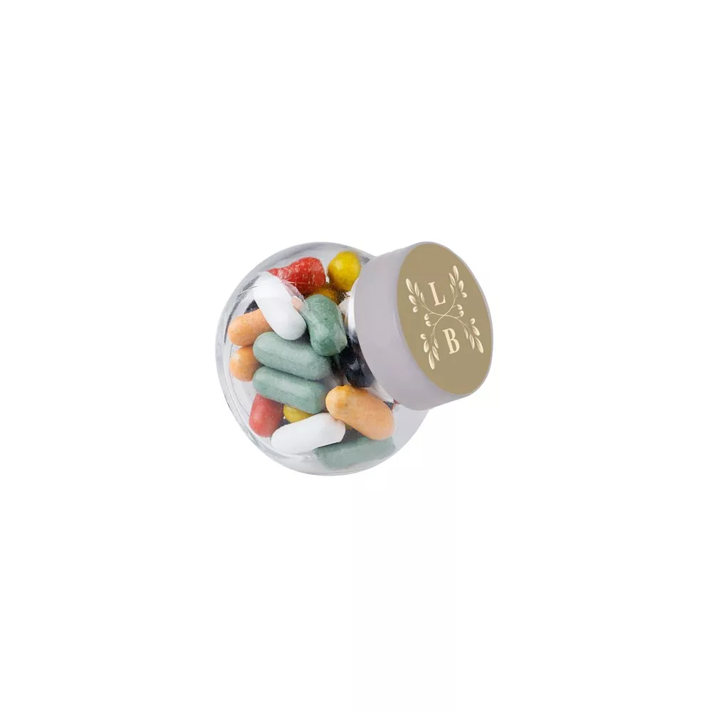 Micro glazen potje 50 ml, gevuld met snoep