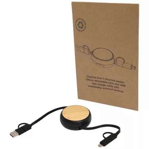 Chechia 5-in-1 100 cm intrekbare datasynchronisatie- en 45 W snellaadkabel van gerecycled plastic met bamboe details