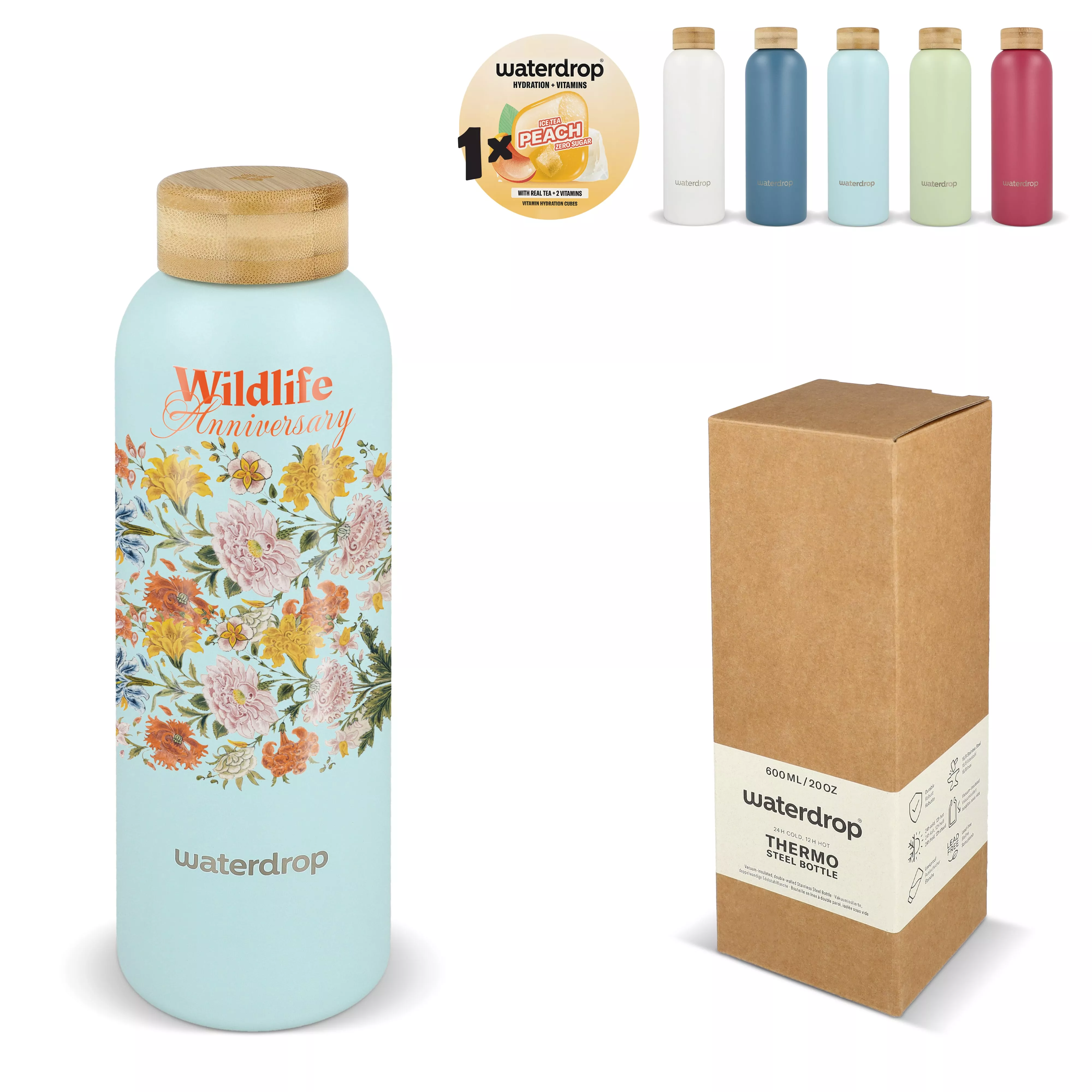 Waterdrop Roestvrijstalen Fles met Bamboe dop 600ml