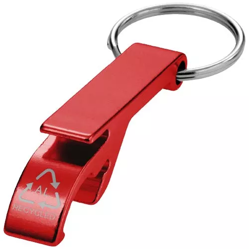 Tao fles- en blikopener van RCS gerecycled aluminium met sleutelhanger