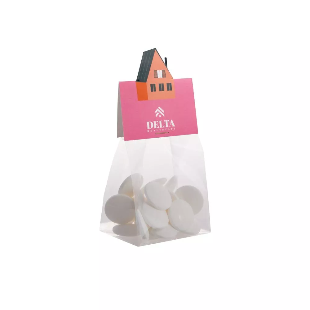 Blokzakje met kopkaartje in eigen vorm en 50 gram snoep