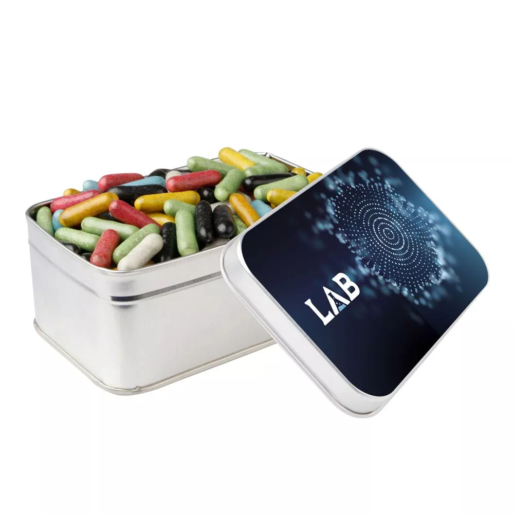 Rechthoekig blik gevuld met snoep