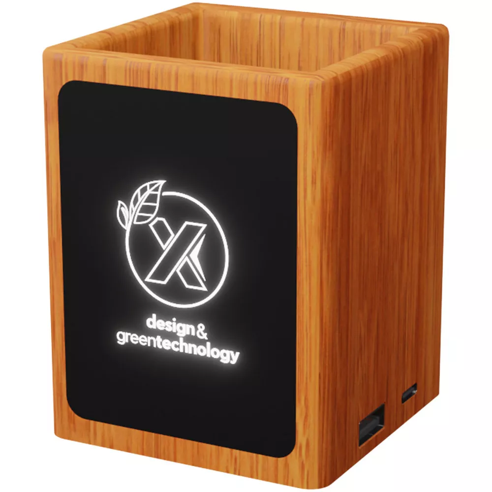 SCX.design O12 houten potloodhouder met oplichtend logo en dubbele USB-uitgang