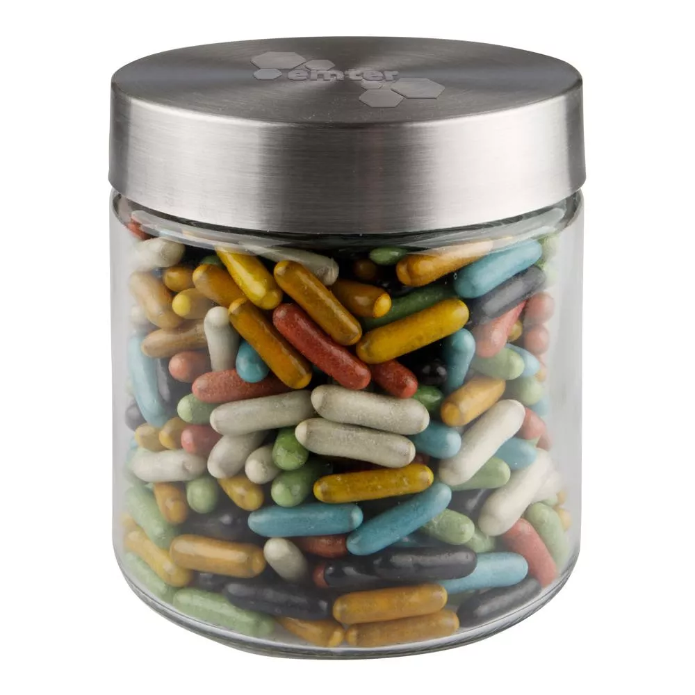 Glazen pot 0,9 liter met embossing, gevuld met snoep