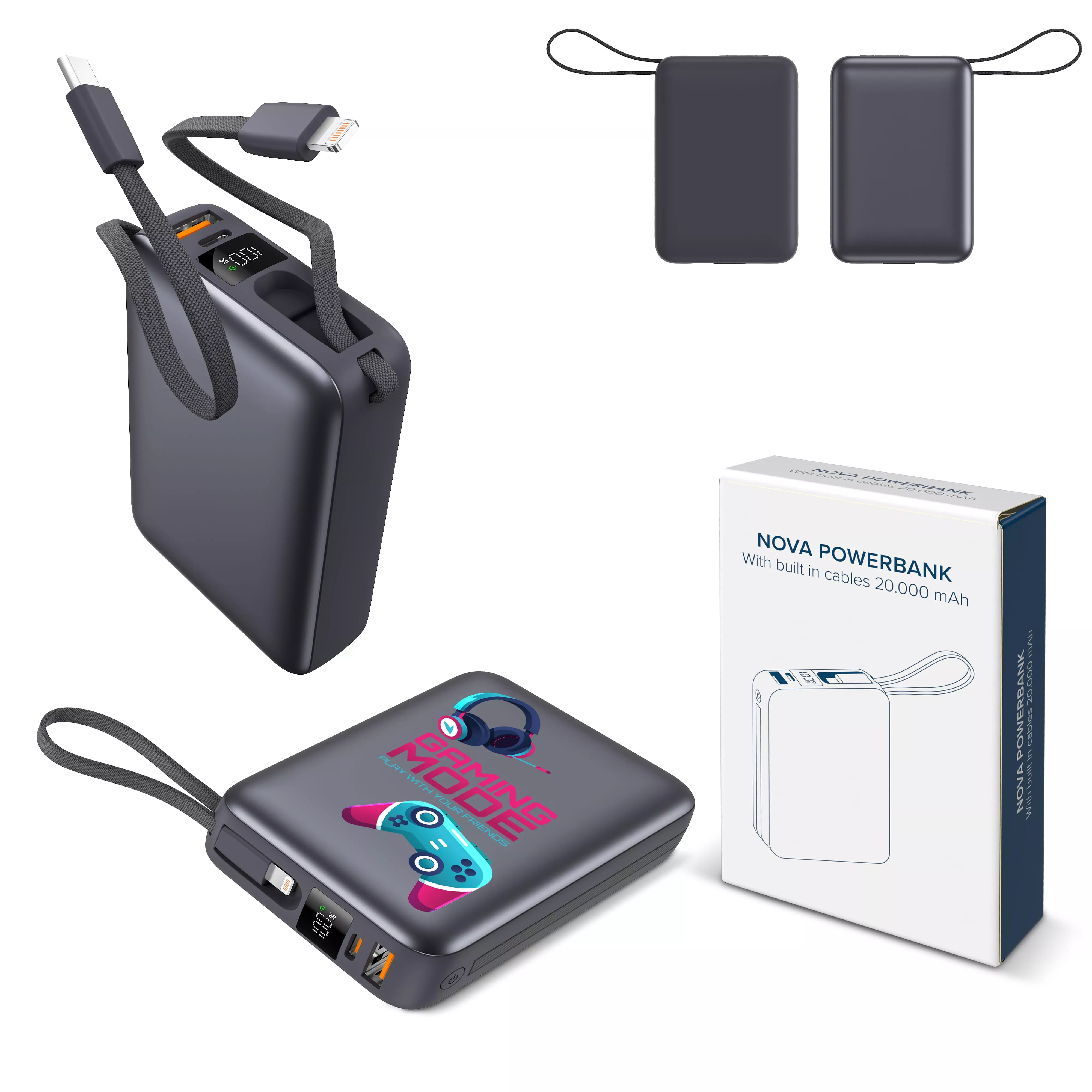 Nova Powerbank 22.5W Power Delivery met ingebouwde kabels 20000 mAh