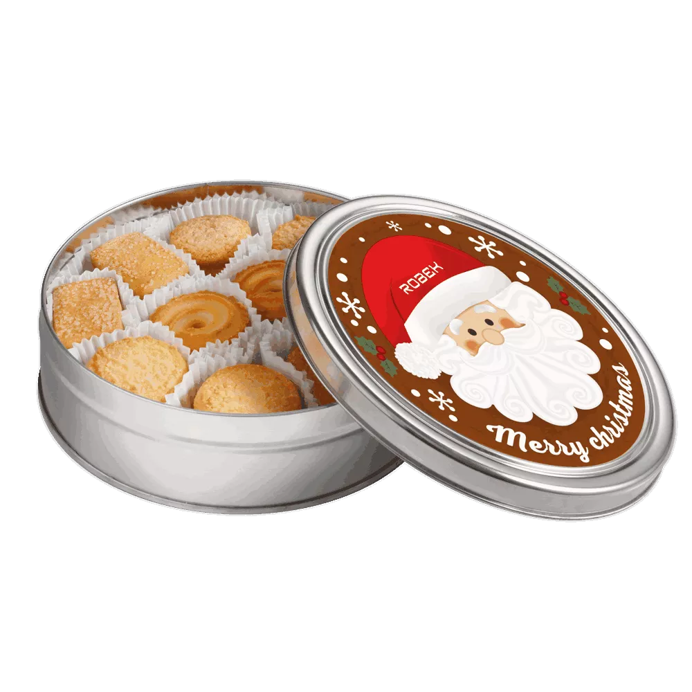 Rond blik met diverse soorten koekjes