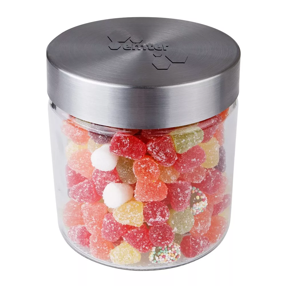 Glazen pot 0,9 liter met embossing, gevuld met snoep